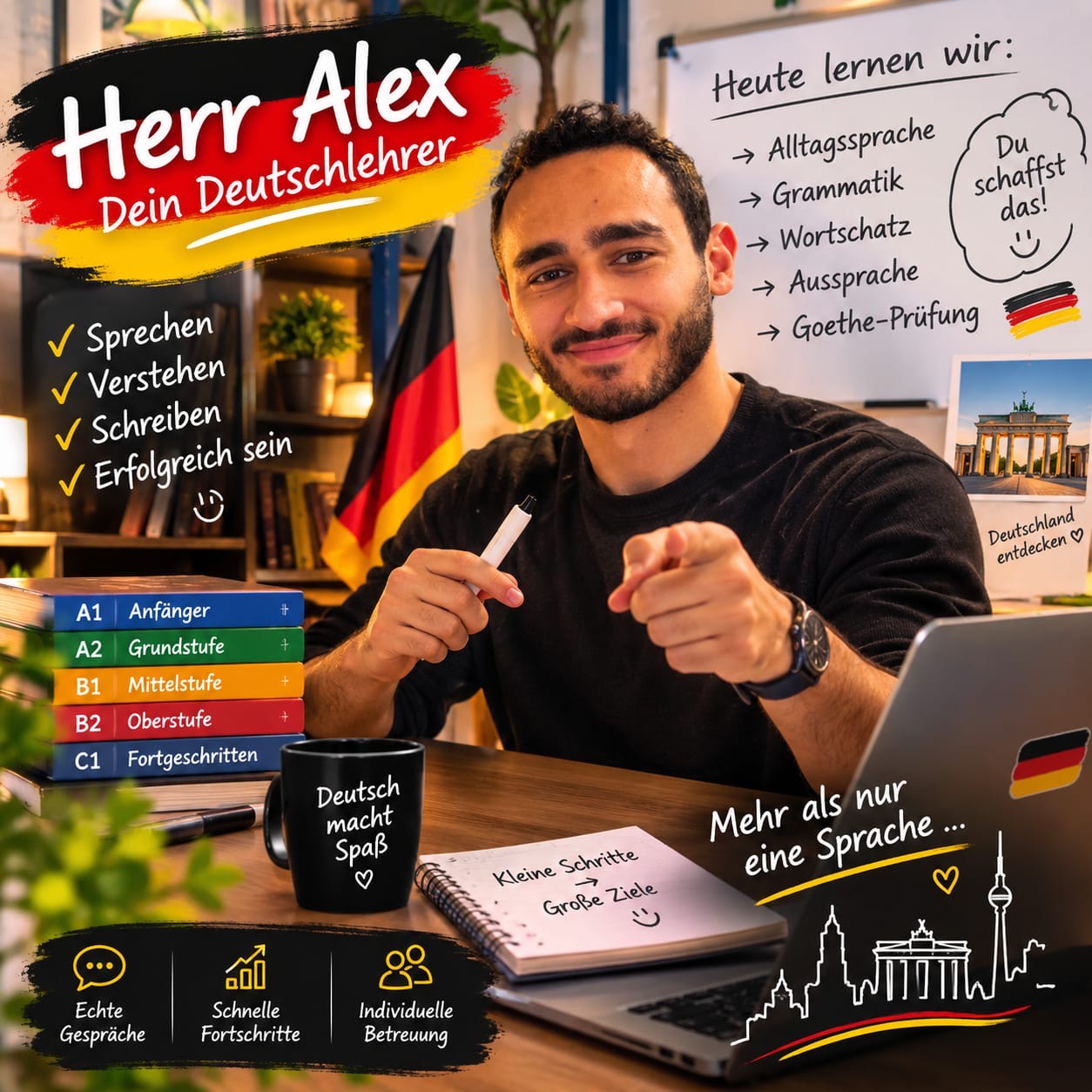 مستر أليكس على مكتبه مع مواد لتعلّم الألمانية