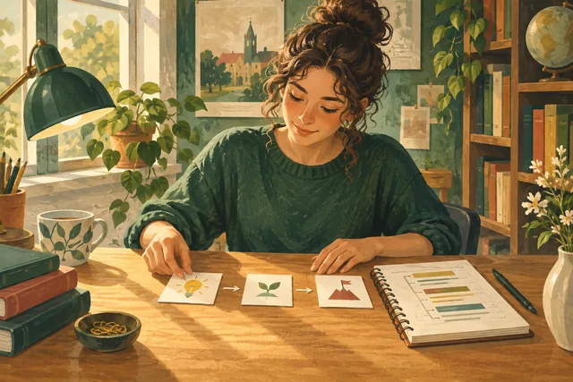 طالب يرتّب بطاقات الأفكار لكتابة فقرة أكاديمية واضحة.