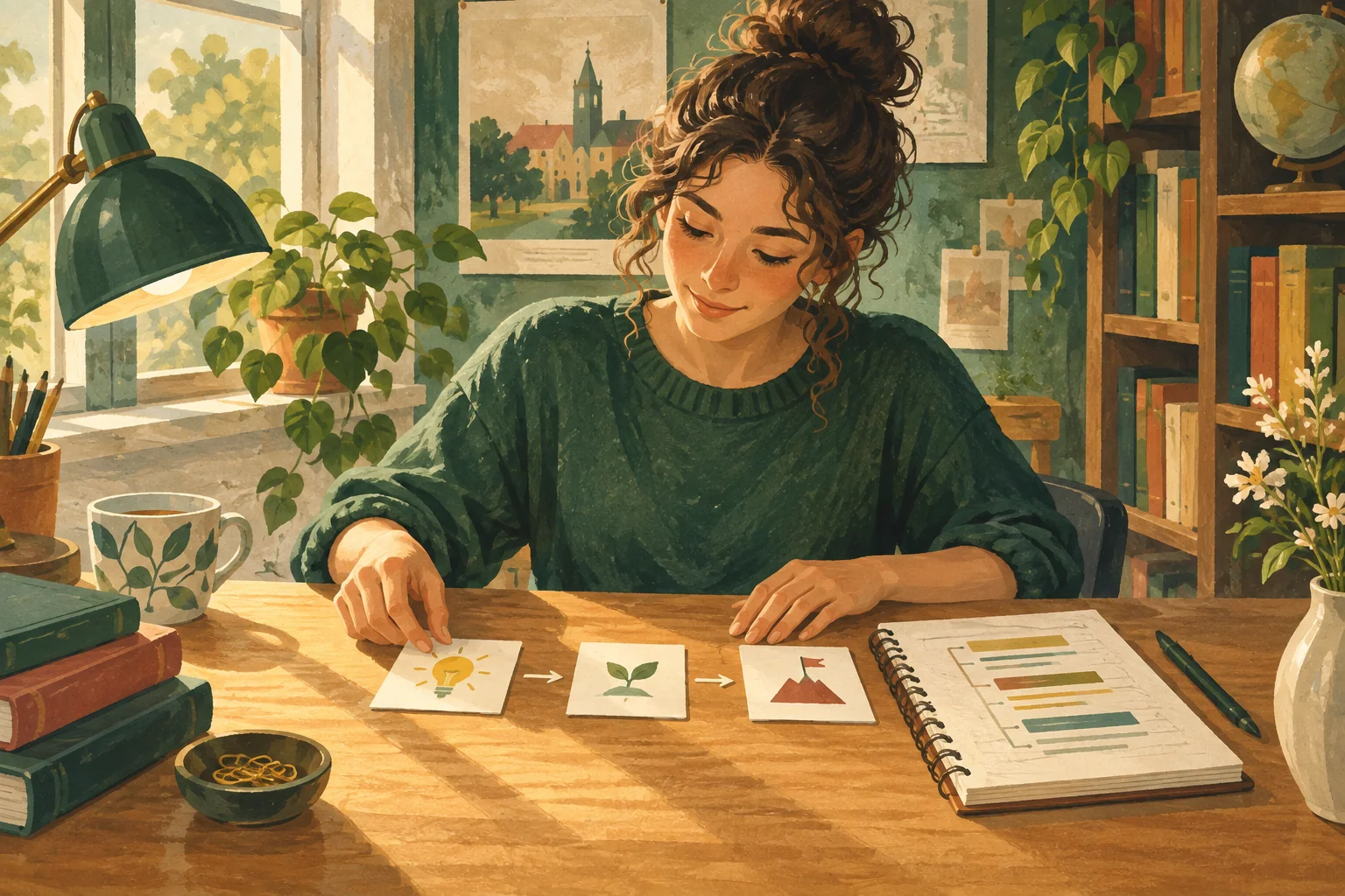 طالب يرتّب بطاقات الأفكار لكتابة فقرة أكاديمية واضحة.
