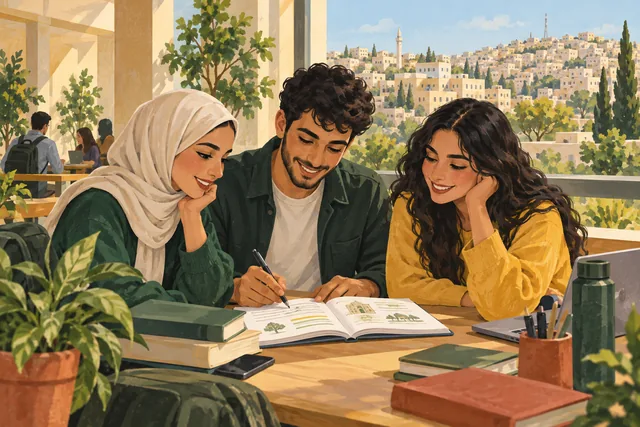 ثلاثة طلاب جامعيين يدرسون معًا وخلفهم تلال عمّان.