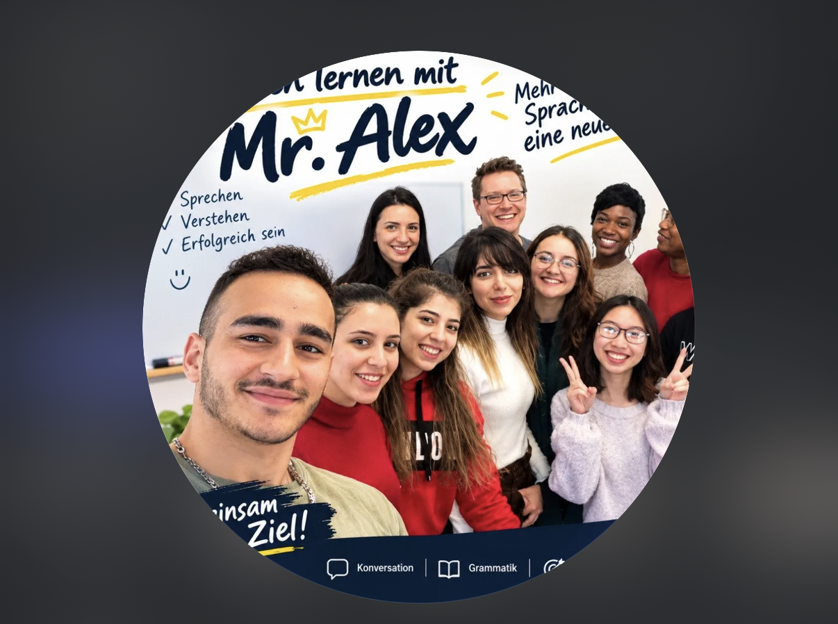 Mr. Alex and a smiling group of German learners